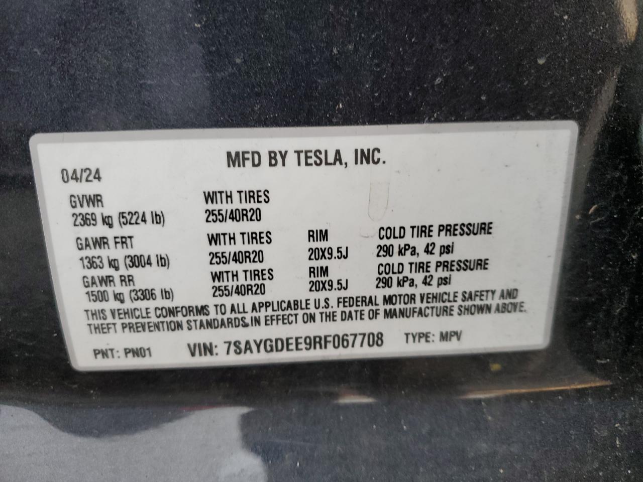 2024 Tesla Model Y VIN: 7SAYGDEE9RF067708 Lot: 91906385