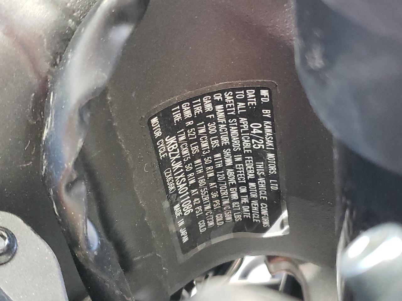 2025 Kawasaki Zx636 K VIN: JKBZXJK1XSA011086 Lot: 91238675