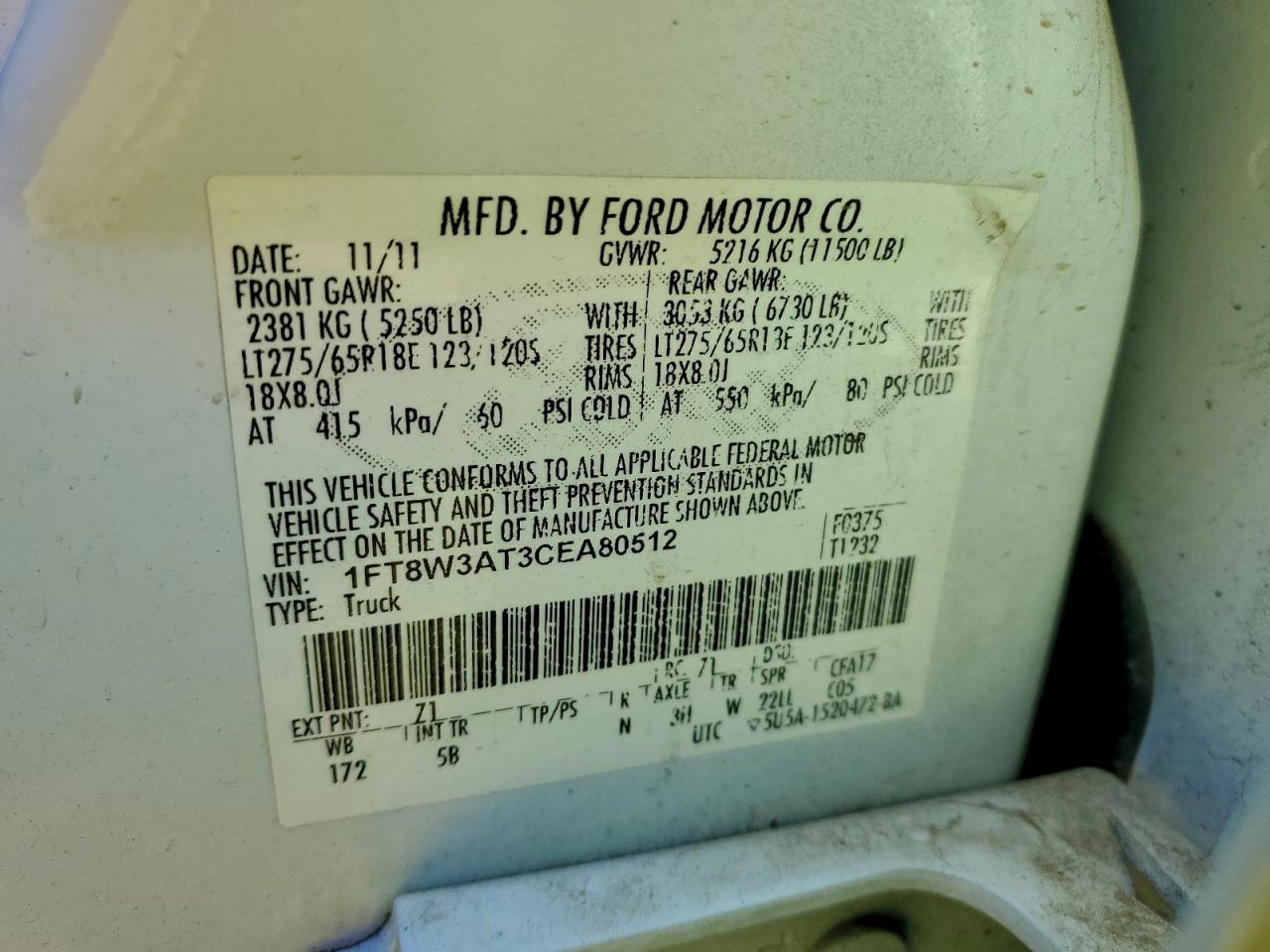 2012 Ford F350 Super Duty VIN: 1FT8W3AT3CEA80512 Lot: 91939065