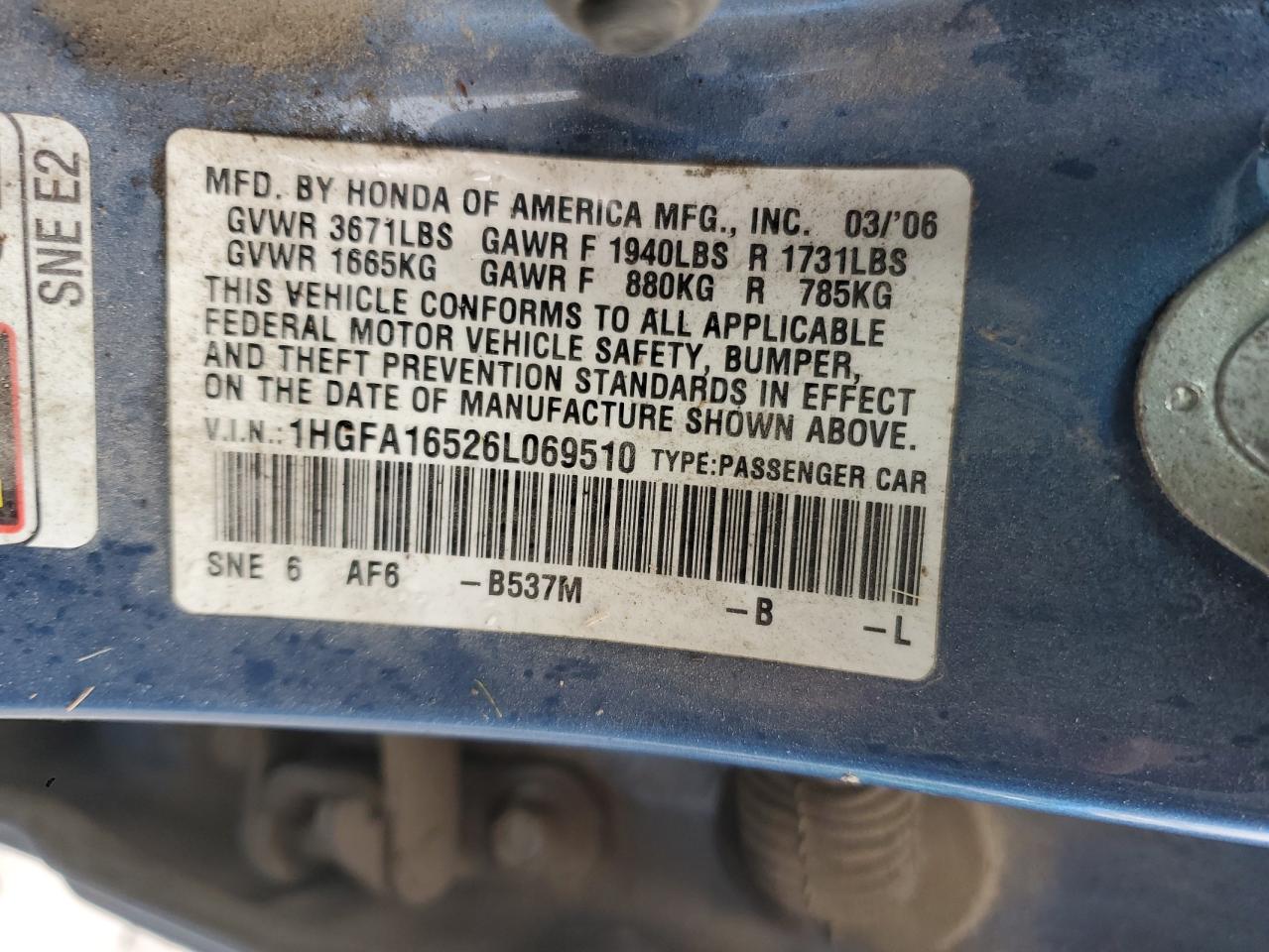 2006 Honda Civic Lx VIN: 1HGFA16526L069510 Lot: 91049135