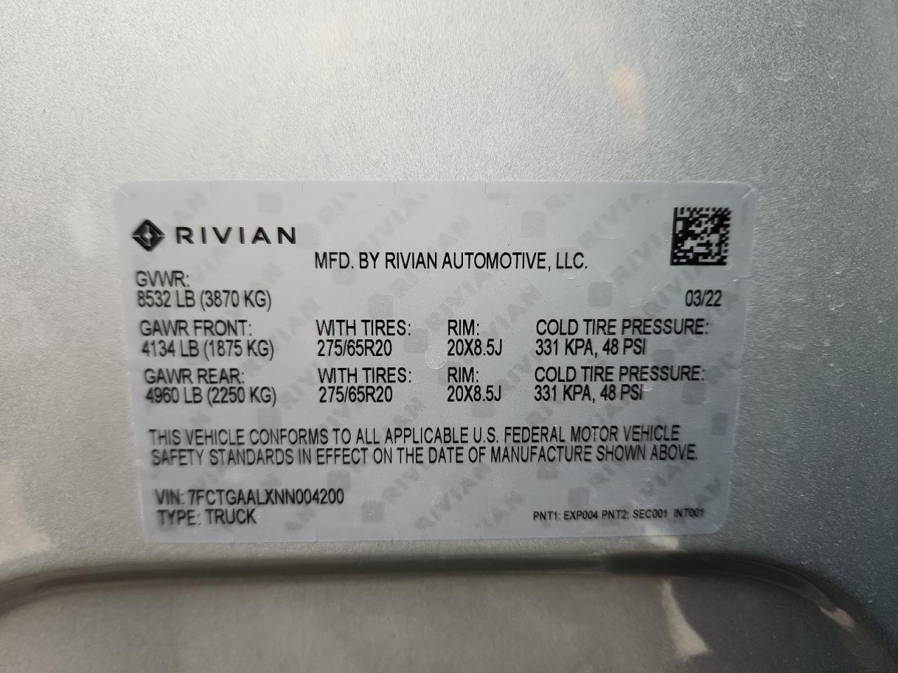 2022 Rivian R1T Launch Edition VIN: 7FCTGAALXNN004200 Lot: 92544435
