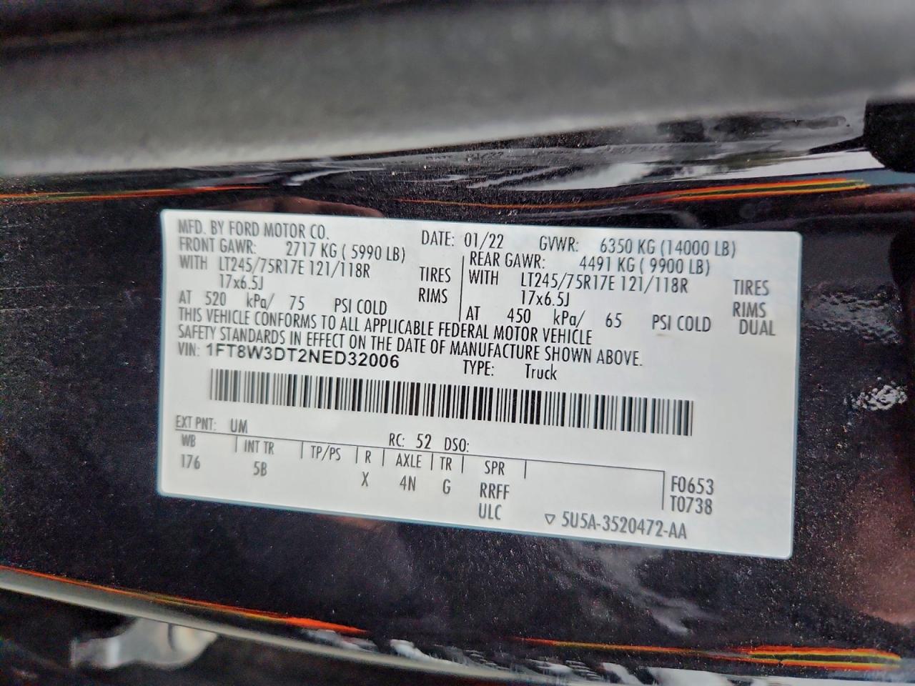 2022 Ford F350 Super Duty VIN: 1FT8W3DT2NED32006 Lot: 94116615