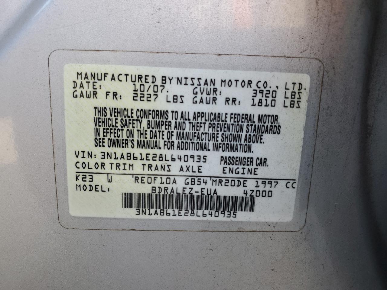 2008 Nissan Sentra 2.0 VIN: 3N1AB61E28L640935 Lot: 92990485