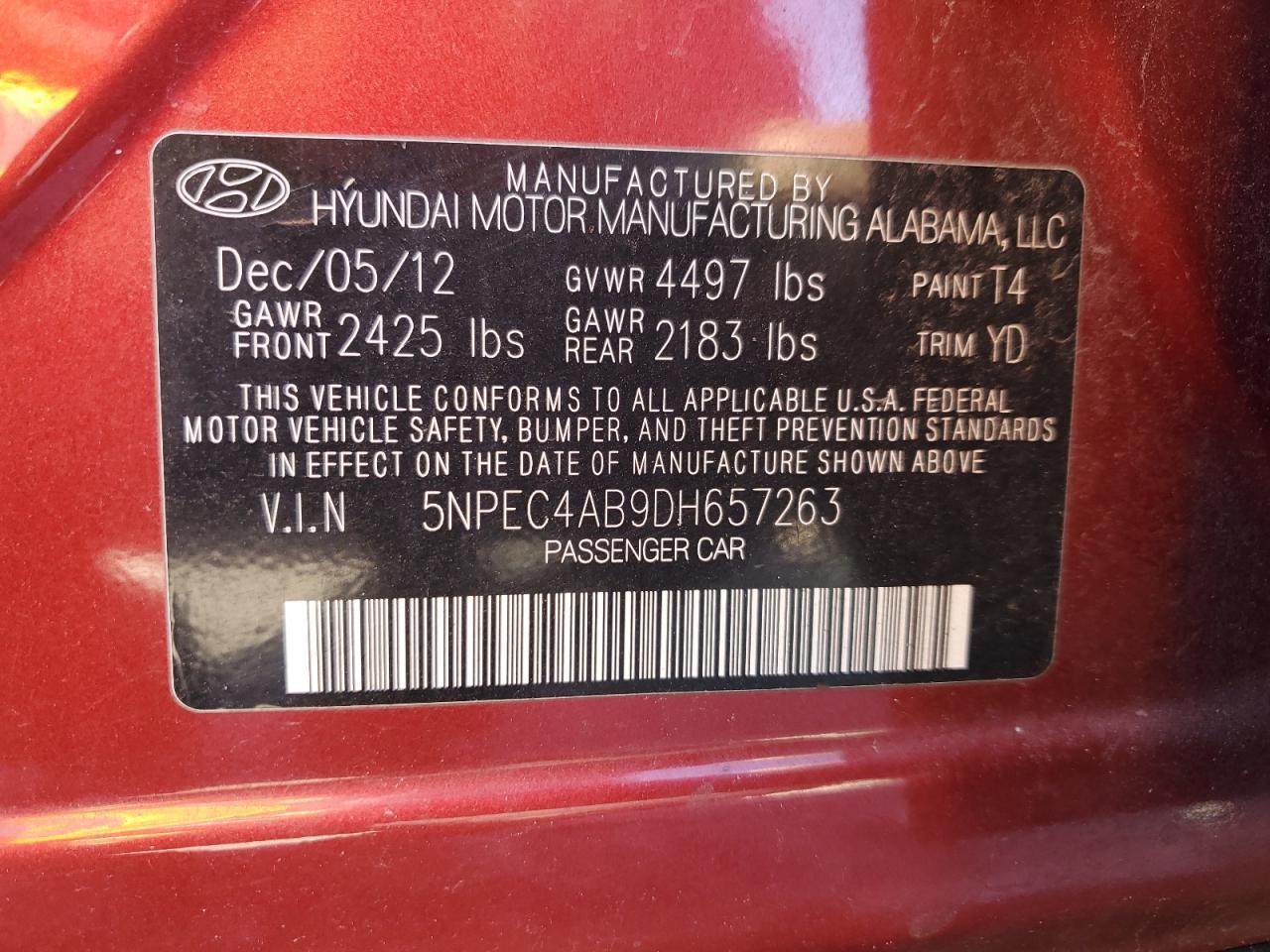 2013 Hyundai Sonata Se VIN: 5NPEC4AB9DH657263 Lot: 92357825