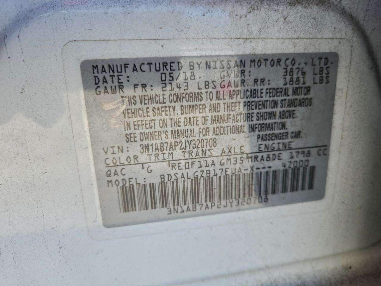 2018 Nissan Sentra S VIN: 3N1AB7AP2JY320708 Lot: 94506055