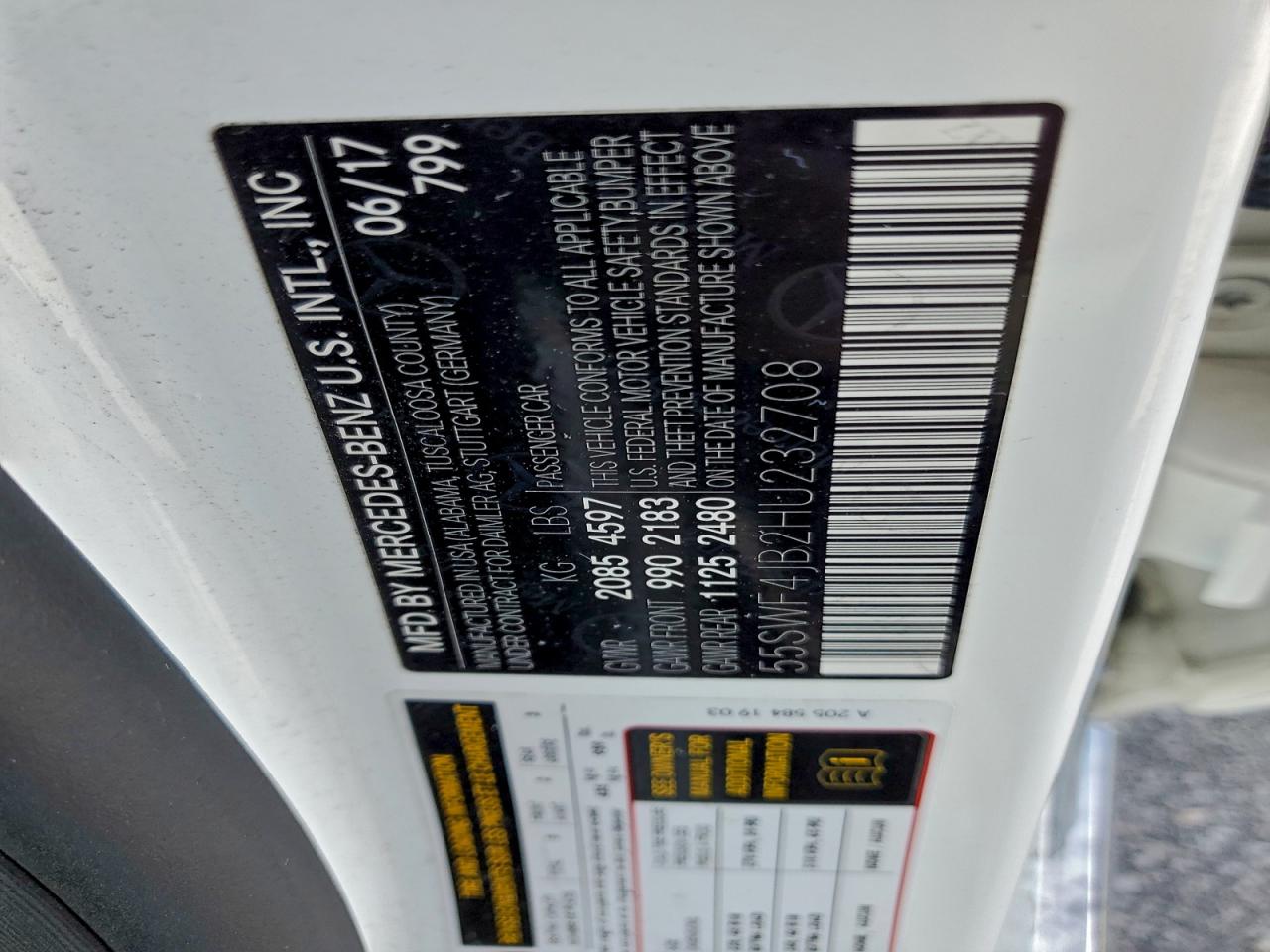 2017 Mercedes-Benz C 300 VIN: 55SWF4JB2HU232708 Lot: 92757135