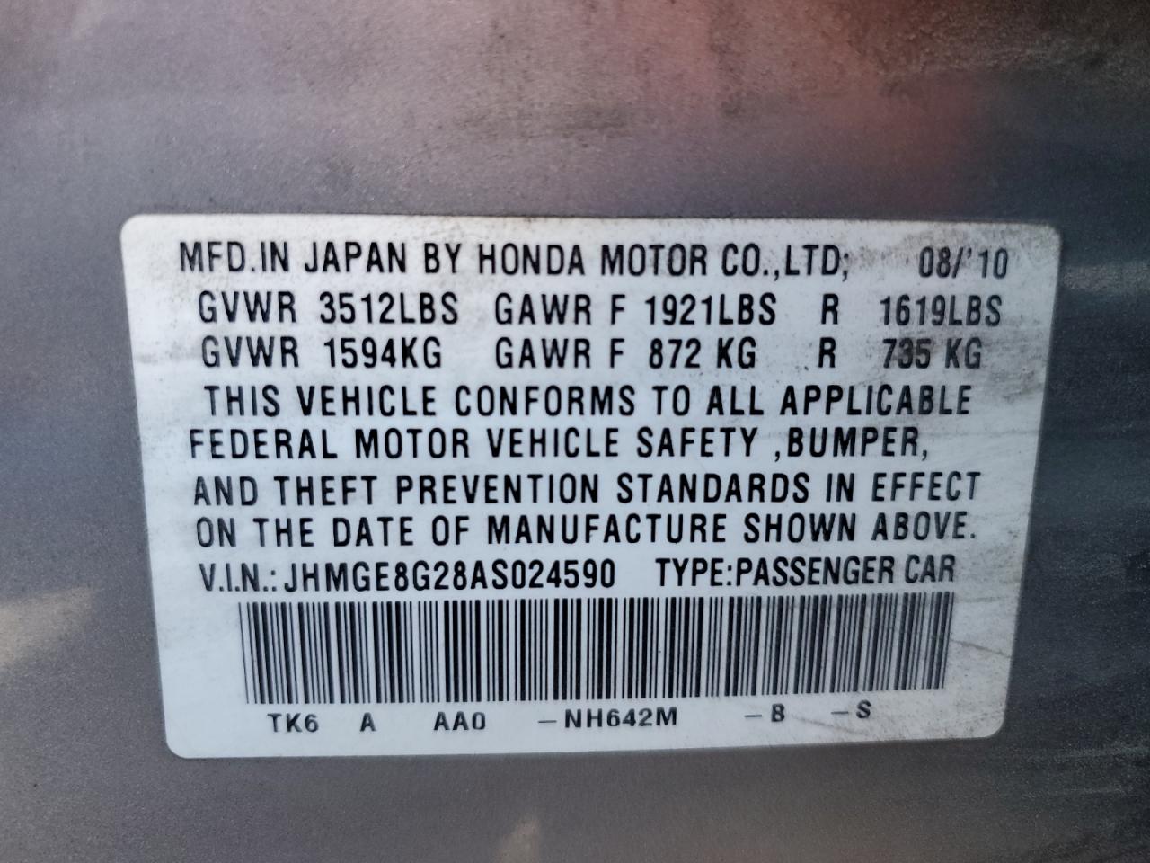 2010 Honda Fit VIN: JHMGE8G28AS024590 Lot: 91577585