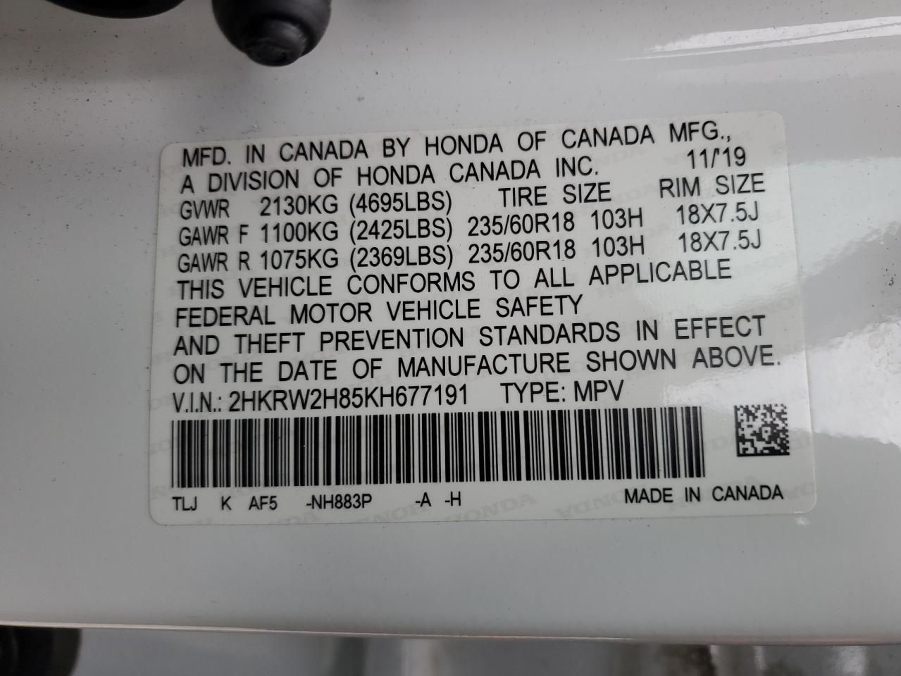 2019 Honda Cr-V Exl VIN: 2HKRW2H85KH677191 Lot: 90533845