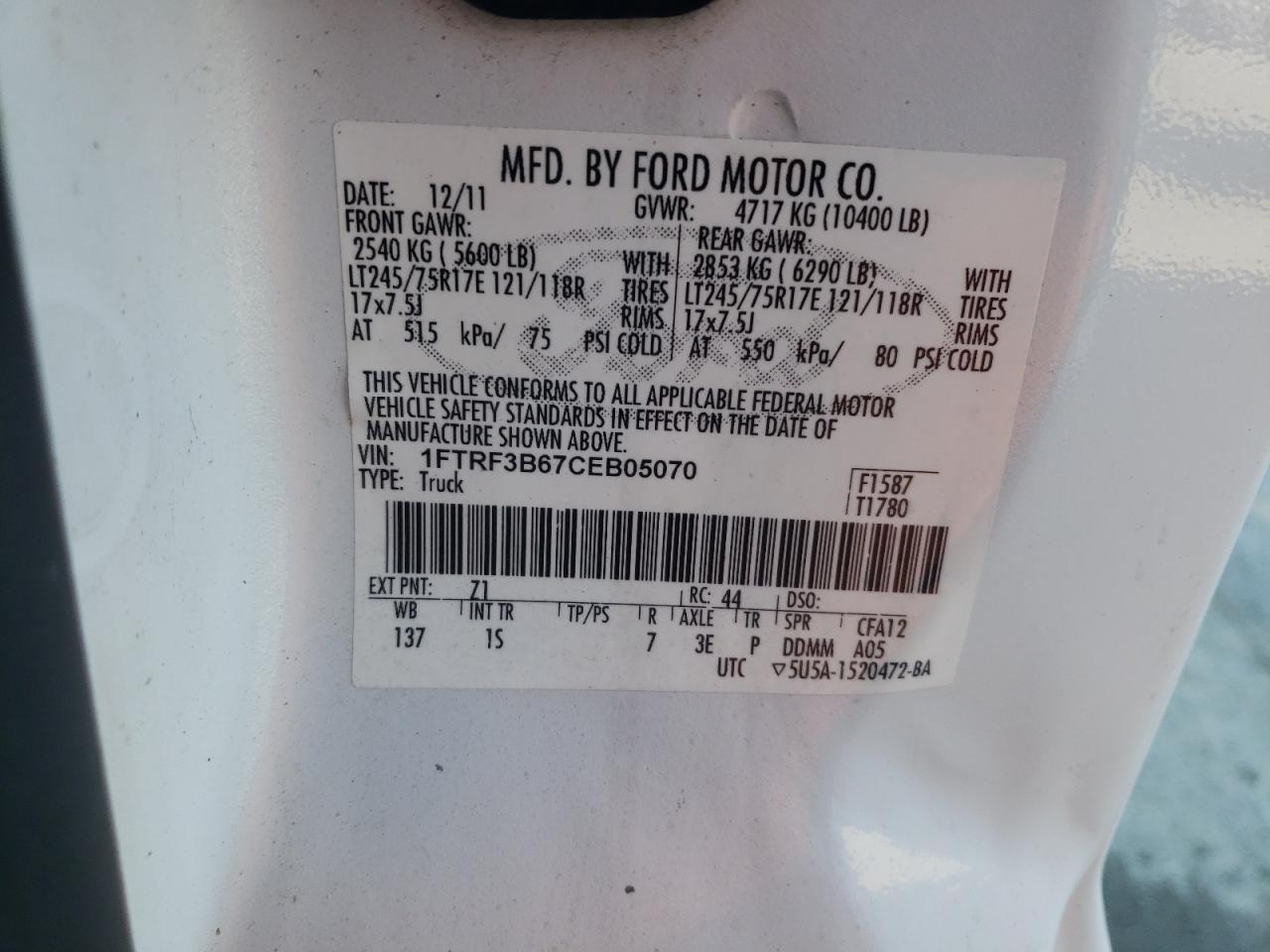 2012 Ford F350 Super Duty VIN: 1FTRF3B67CEB05070 Lot: 90814945