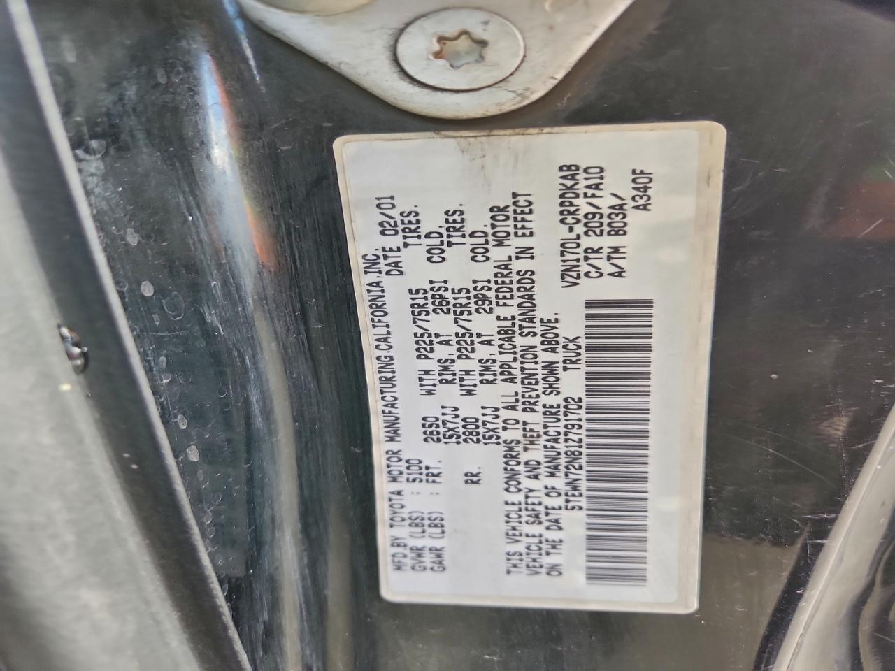 2001 Toyota Tacoma Xtracab VIN: 5TEWN72N81Z791702 Lot: 94063305