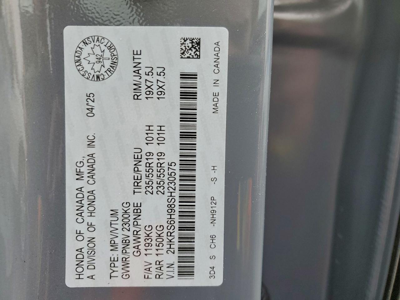 2025 Honda Cr-V Sport Touring VIN: 2HKRS6H98SH230575 Lot: 94542115