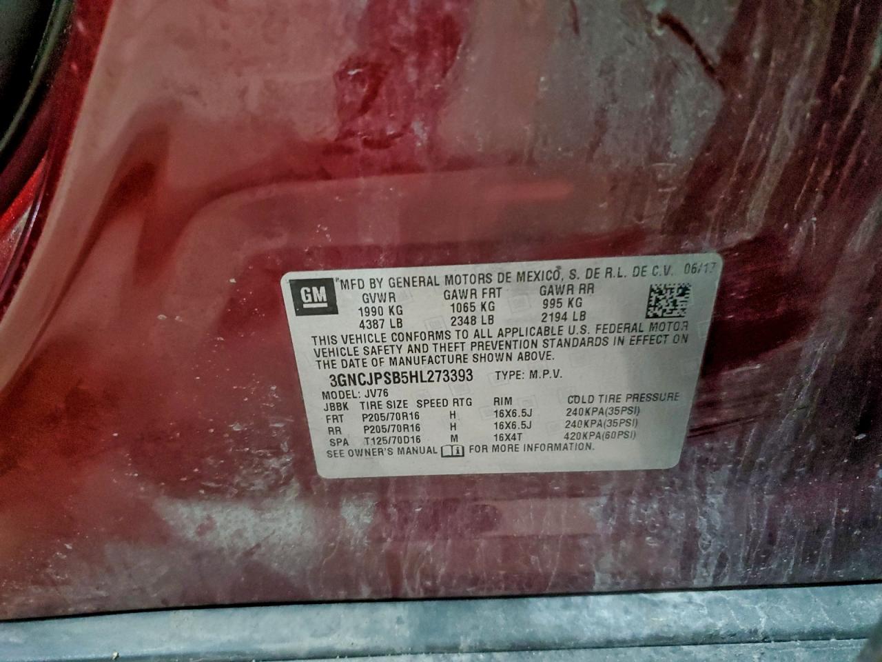 2017 Chevrolet Trax 1Lt VIN: 3GNCJPSB5HL273393 Lot: 94352645