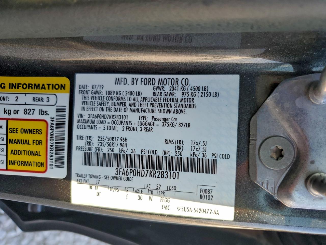 2019 Ford Fusion Se VIN: 3FA6P0HD7KR283101 Lot: 93721445