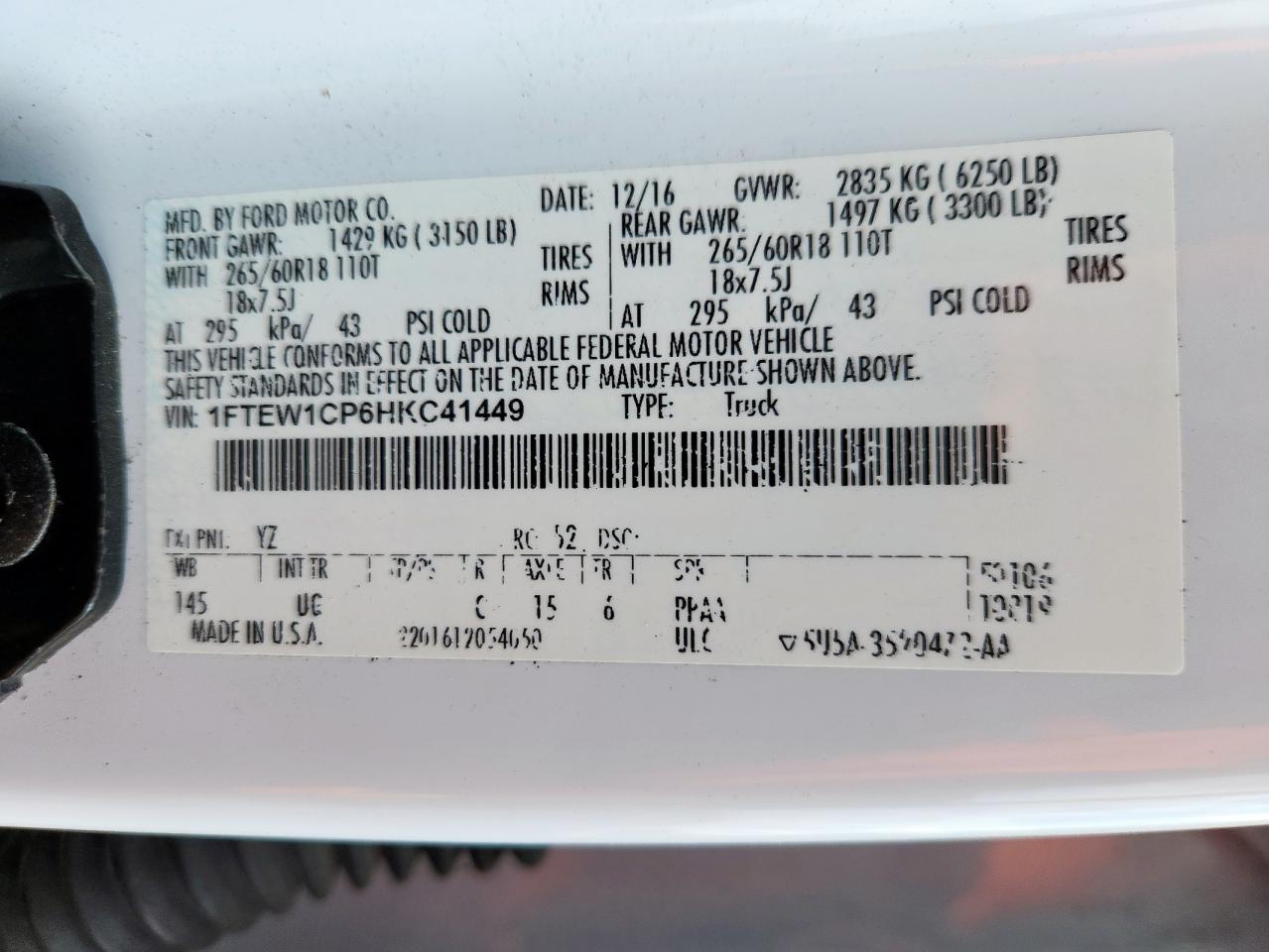 2017 Ford F150 Supercrew VIN: 1FTEW1CP6HKC41449 Lot: 92291595