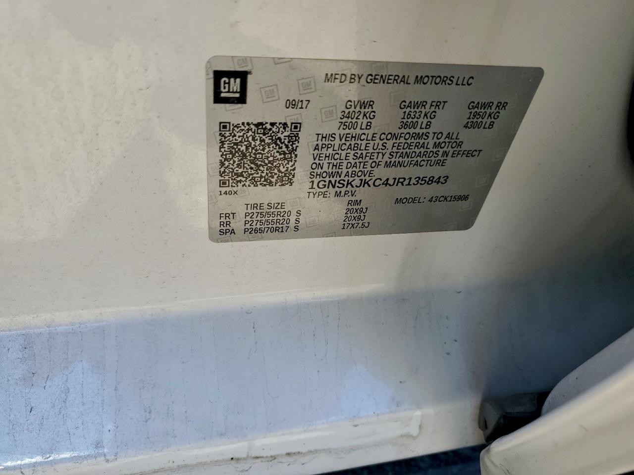 2018 Chevrolet Suburban K1500 Premier VIN: 1GNSKJKC4JR135843 Lot: 94565775