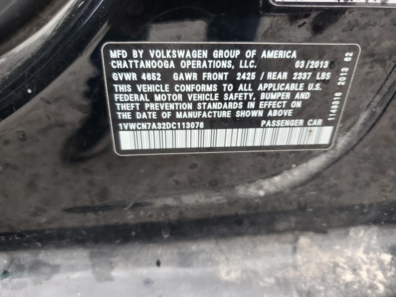 2013 Volkswagen Passat Sel VIN: 1VWCN7A32DC113076 Lot: 93752455