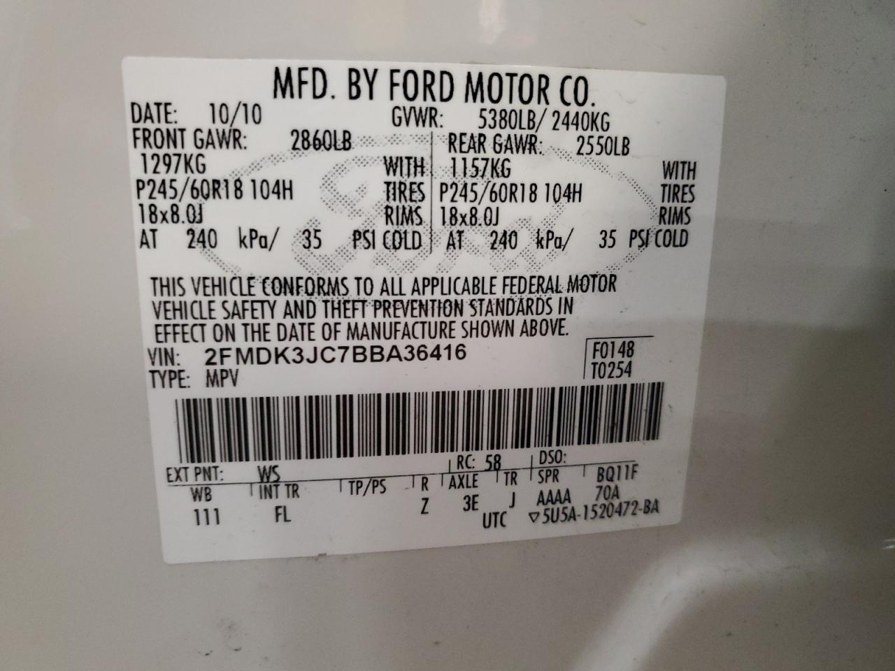 2011 Ford Edge Sel VIN: 2FMDK3JC7BBA36416 Lot: 93215345