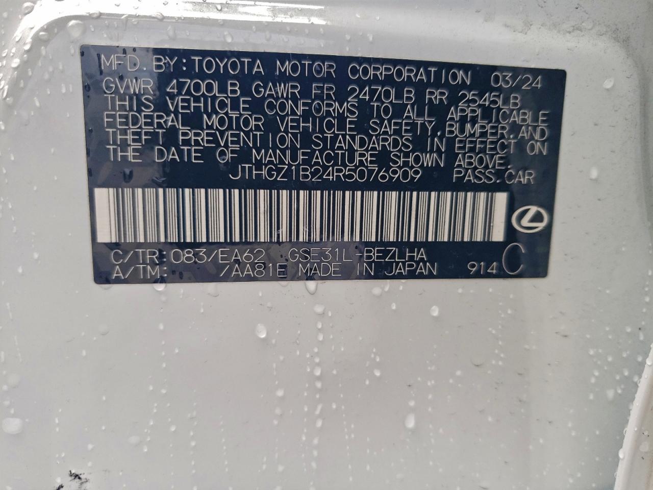 2024 Lexus Is 350 F Sport Design VIN: JTHGZ1B24R5076909 Lot: 94153255