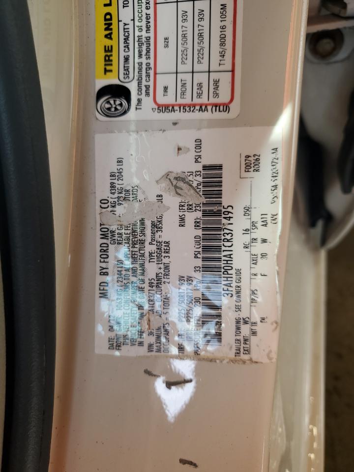 2012 Ford Fusion Se VIN: 3FAHP0HA1CR371495 Lot: 91677065