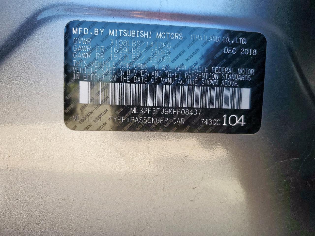 2019 Mitsubishi Mirage G4 Es VIN: ML32F3FJ9KHF08437 Lot: 91471205