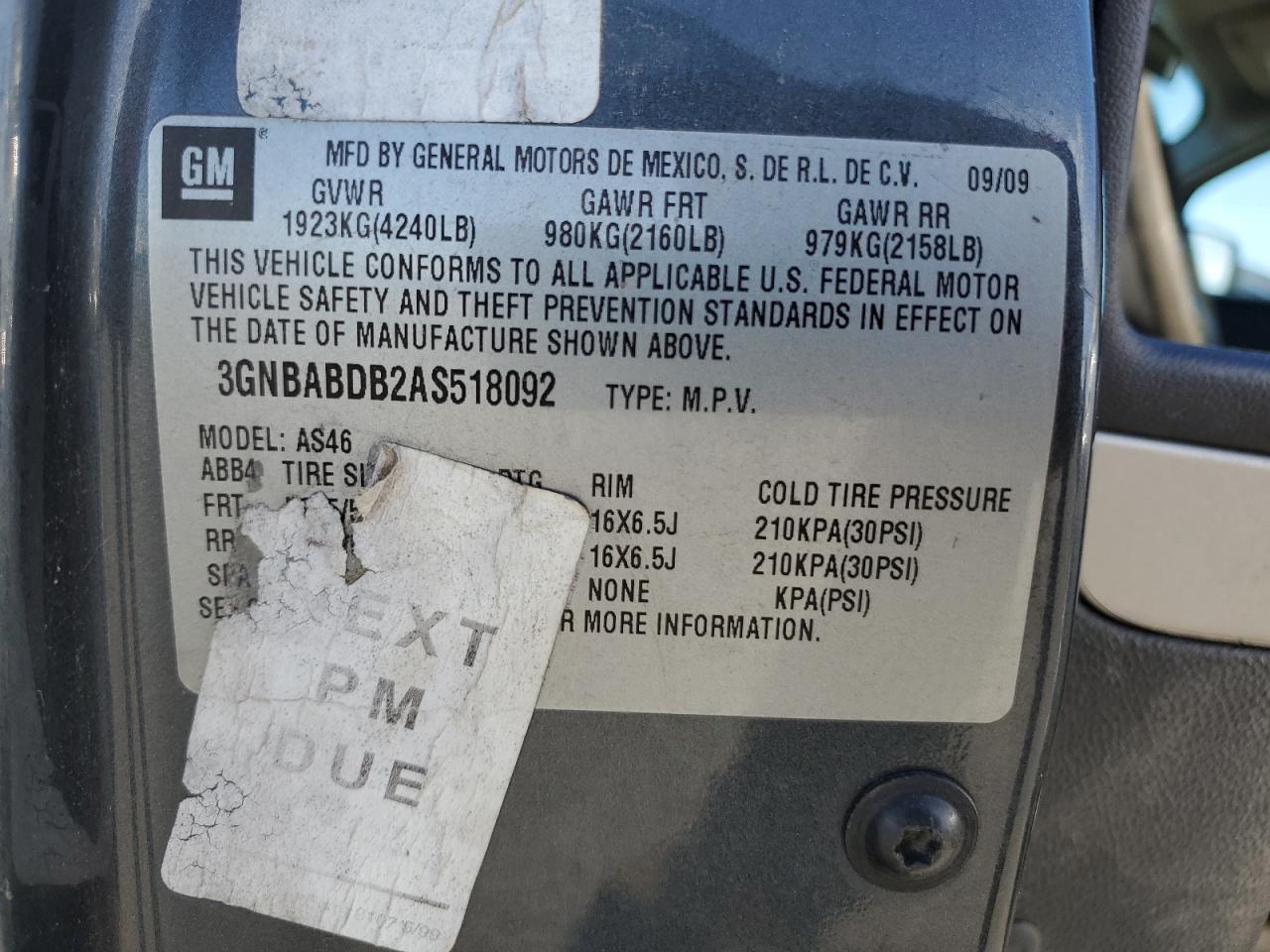 2010 Chevrolet Hhr Lt VIN: 3GNBABDB2AS518092 Lot: 92536715