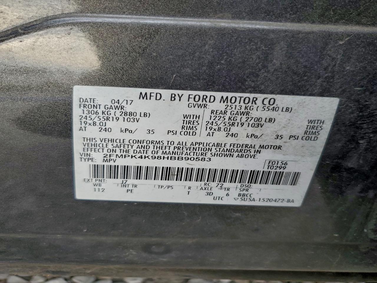 2017 Ford Edge Titanium VIN: 2FMPK4K98HBB90583 Lot: 93046105