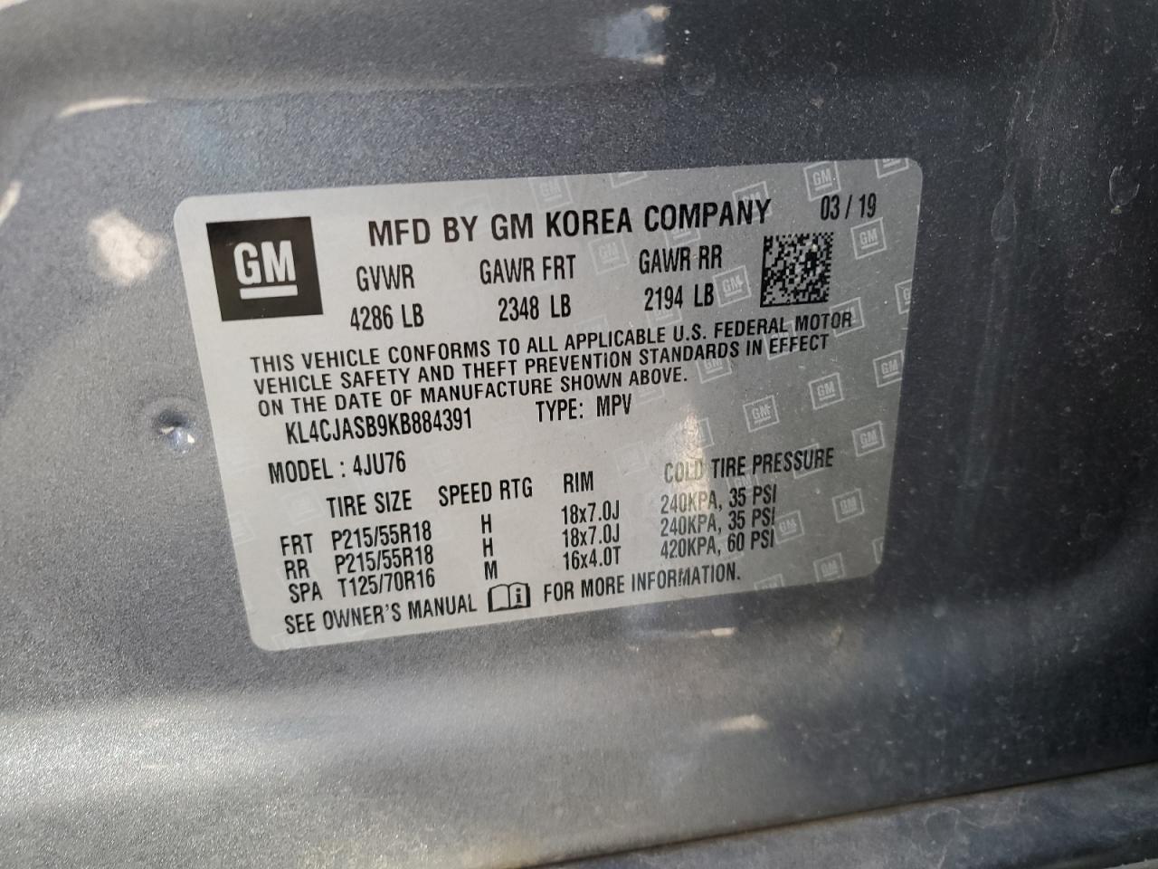 2019 Buick Encore Preferred VIN: KL4CJASB9KB884391 Lot: 92579235