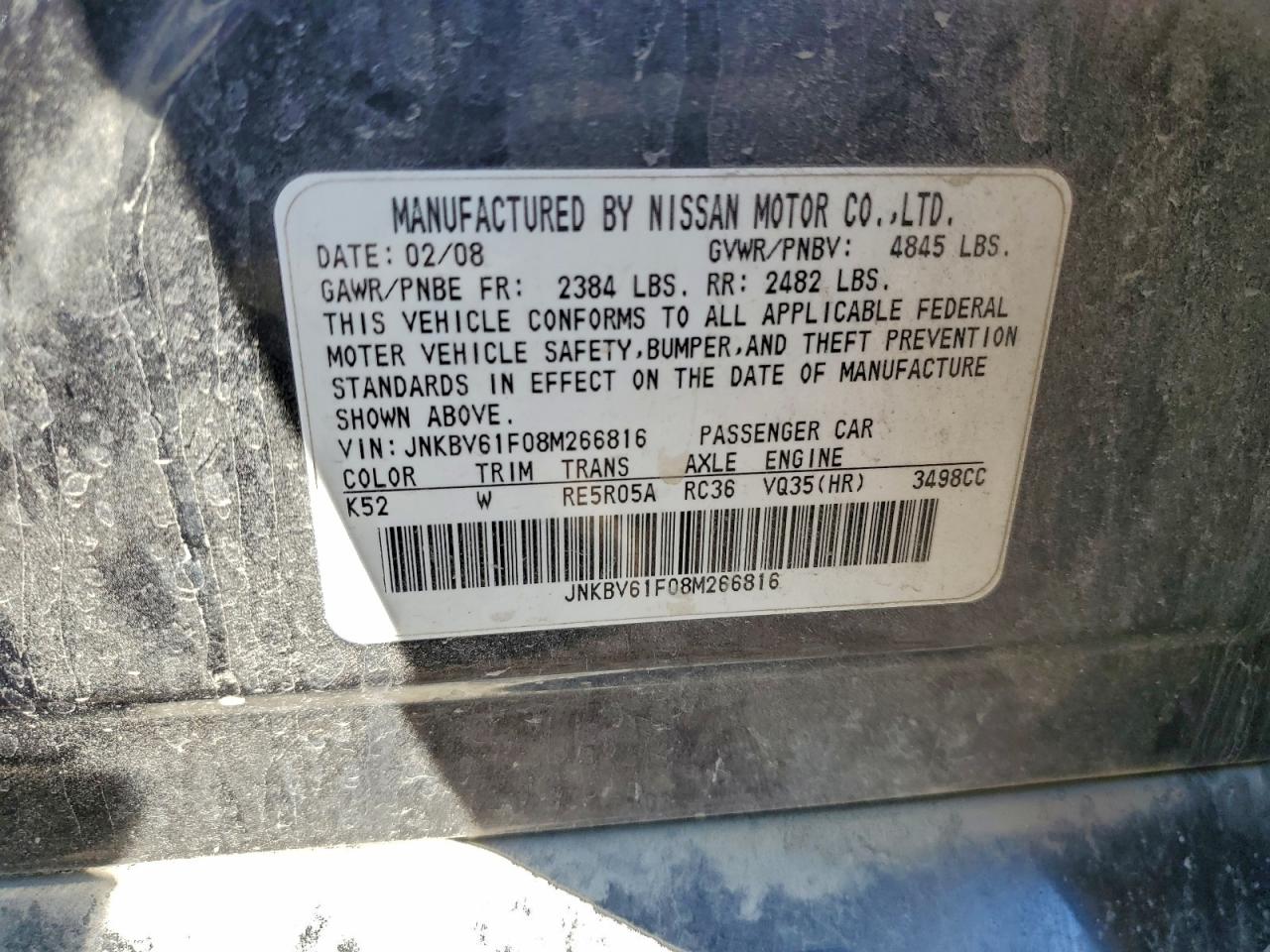 2008 Infiniti G35 VIN: JNKBV61F08M266816 Lot: 93674225