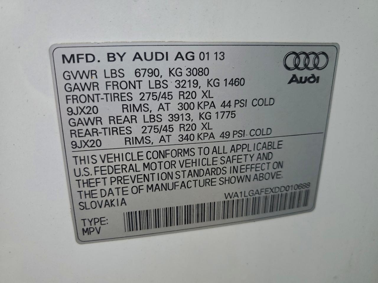 2013 Audi Q7 Premium Plus VIN: WA1LGAFEXDD010688 Lot: 94130655