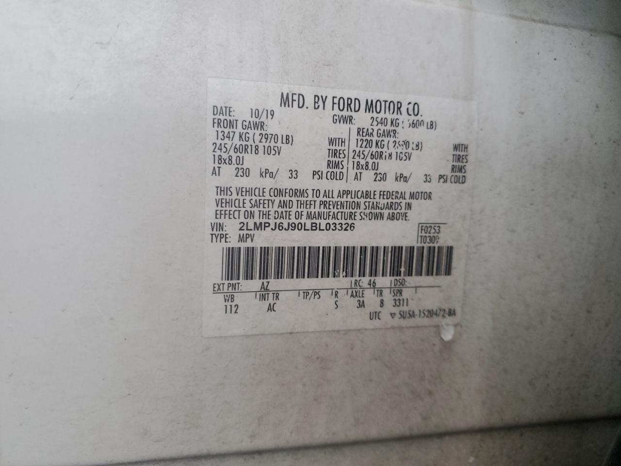 2020 Lincoln Nautilus VIN: 2LMPJ6J90LBL03326 Lot: 82683775