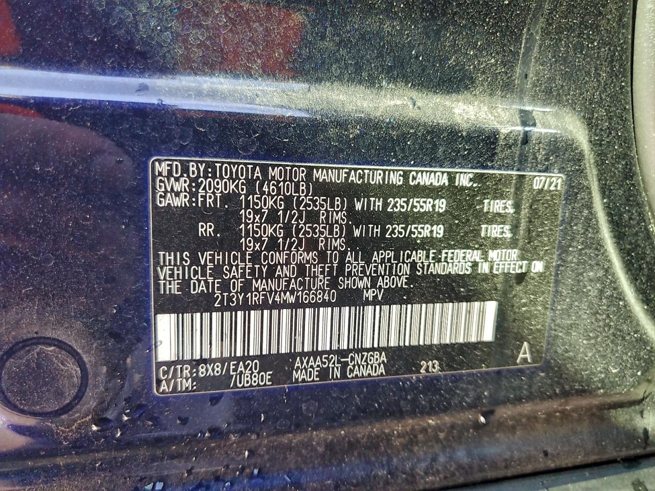 2021 Toyota Rav4 Limited VIN: 2T3Y1RFV4MW166840 Lot: 94329715