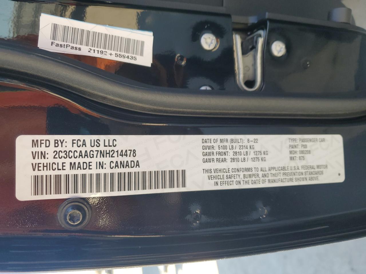 2022 Chrysler 300 Touring VIN: 2C3CCAAG7NH214478 Lot: 91043725