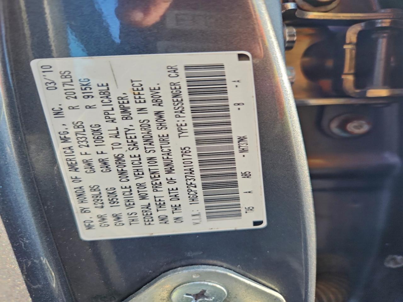 2010 Honda Accord Lx VIN: 1HGCP2F37AA101765 Lot: 94187415