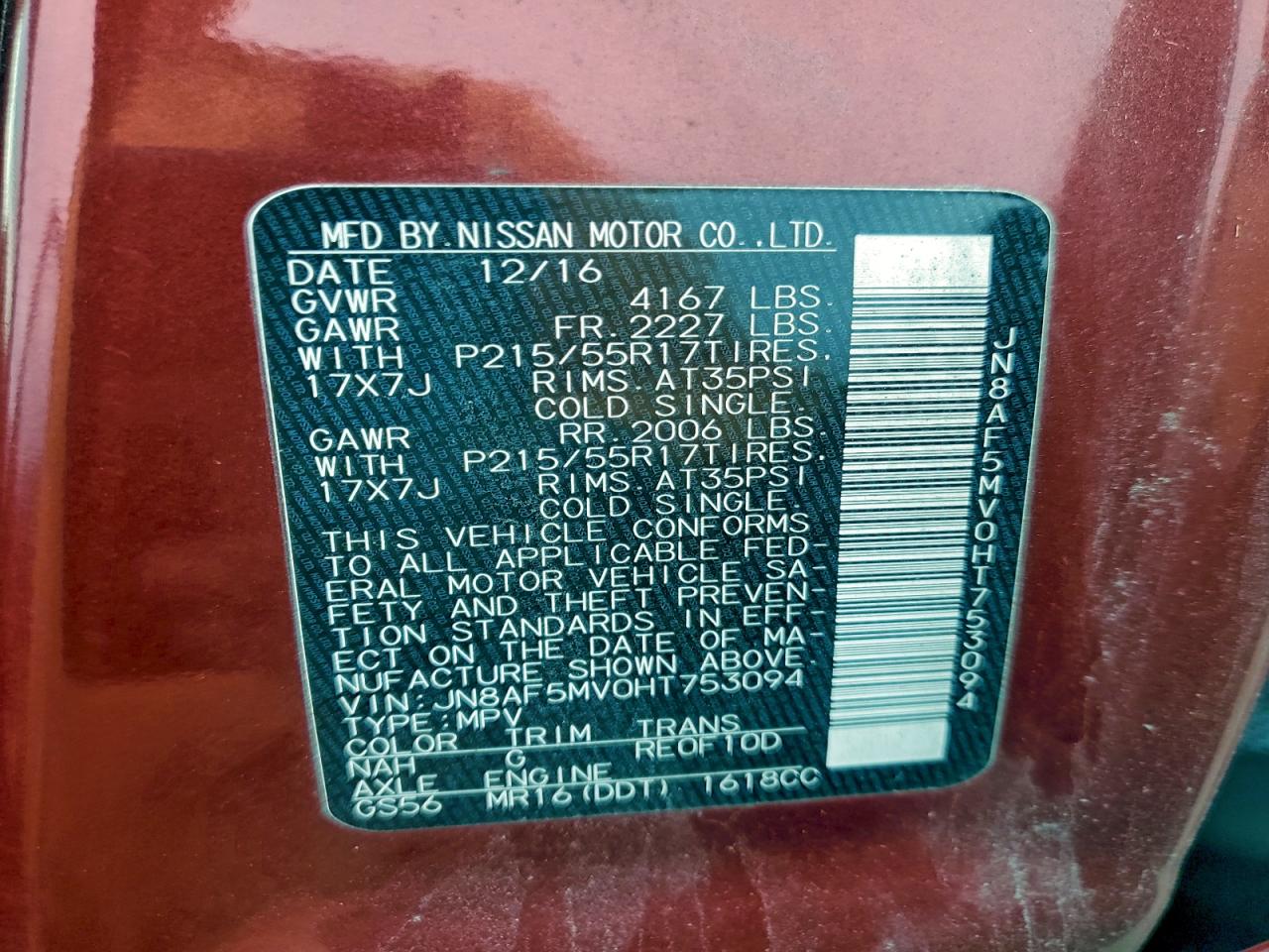 2017 Nissan Juke S VIN: JN8AF5MV0HT753094 Lot: 93931825