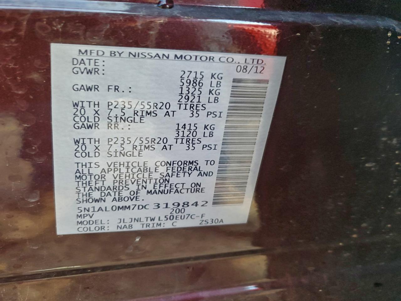 2013 Infiniti Jx35 VIN: 5N1AL0MM7DC319842 Lot: 94505415