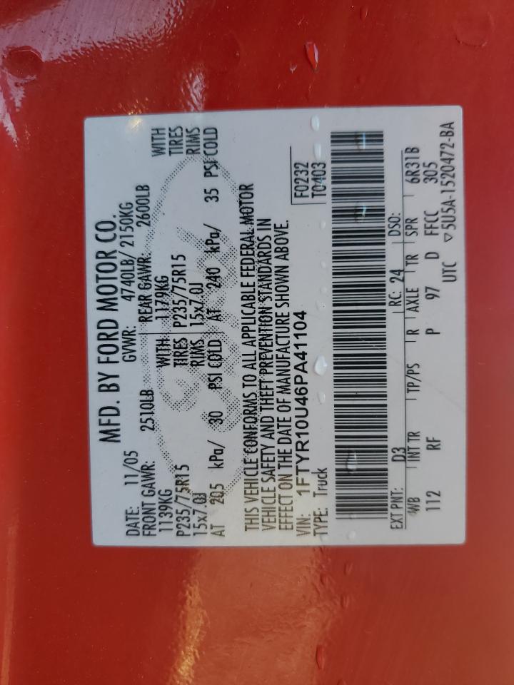 2006 Ford Ranger VIN: 1FTYR10U46PA41104 Lot: 91789285