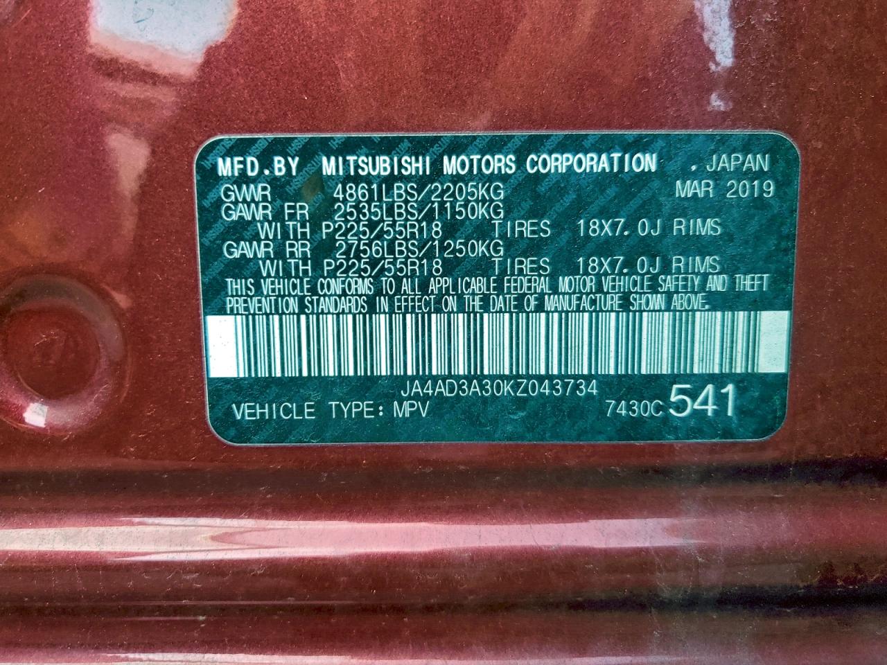 2019 Mitsubishi Outlander Se VIN: JA4AD3A30KZ043734 Lot: 94168085