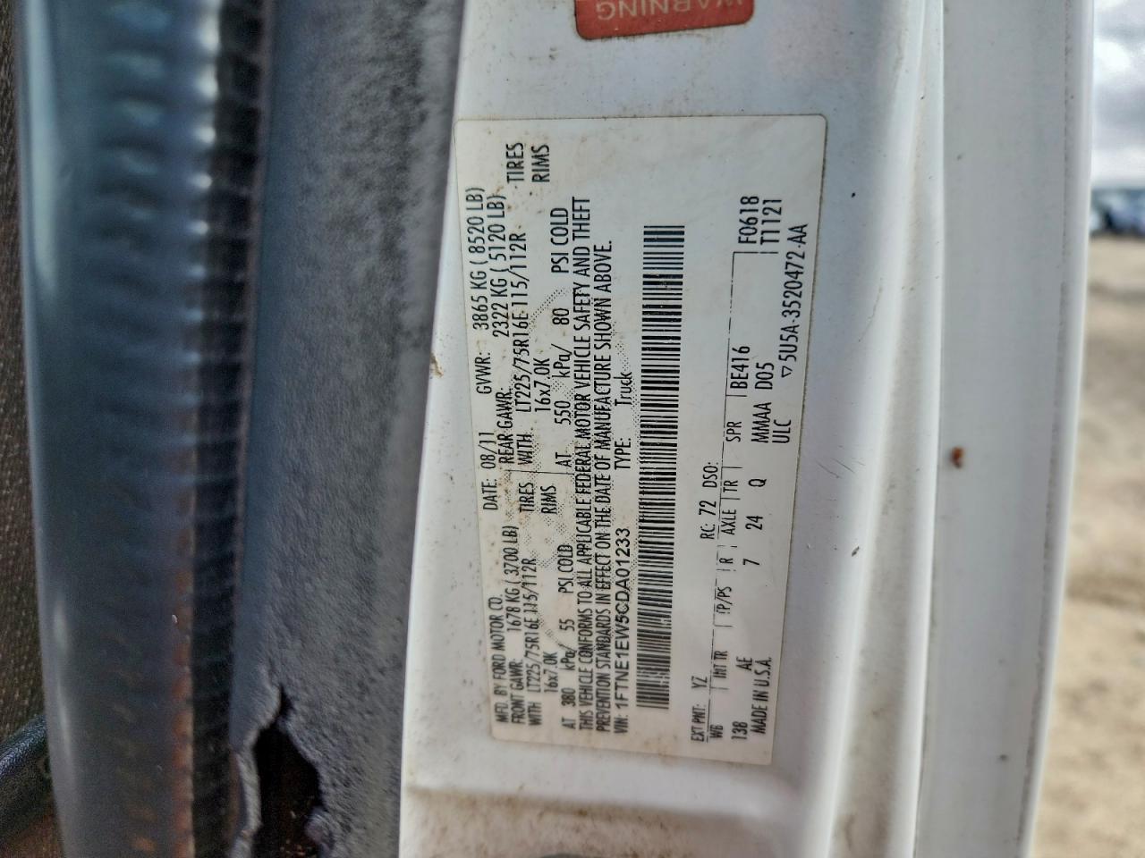 2012 Ford Econoline E150 Van VIN: 1FTNE1EW5CDA01233 Lot: 93659825