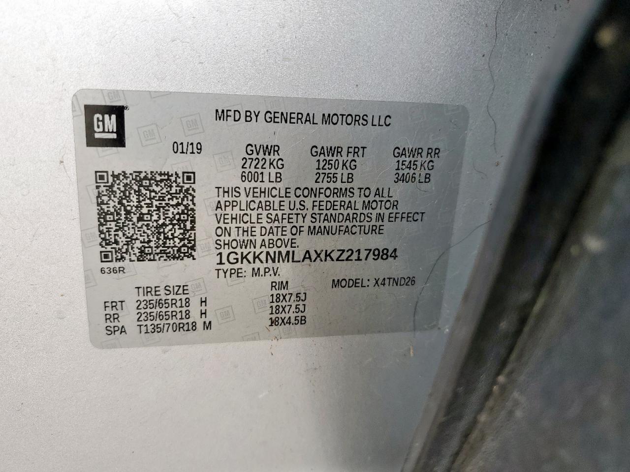 2019 GMC Acadia Slt-1 VIN: 1GKKNMLAXKZ217984 Lot: 91939465