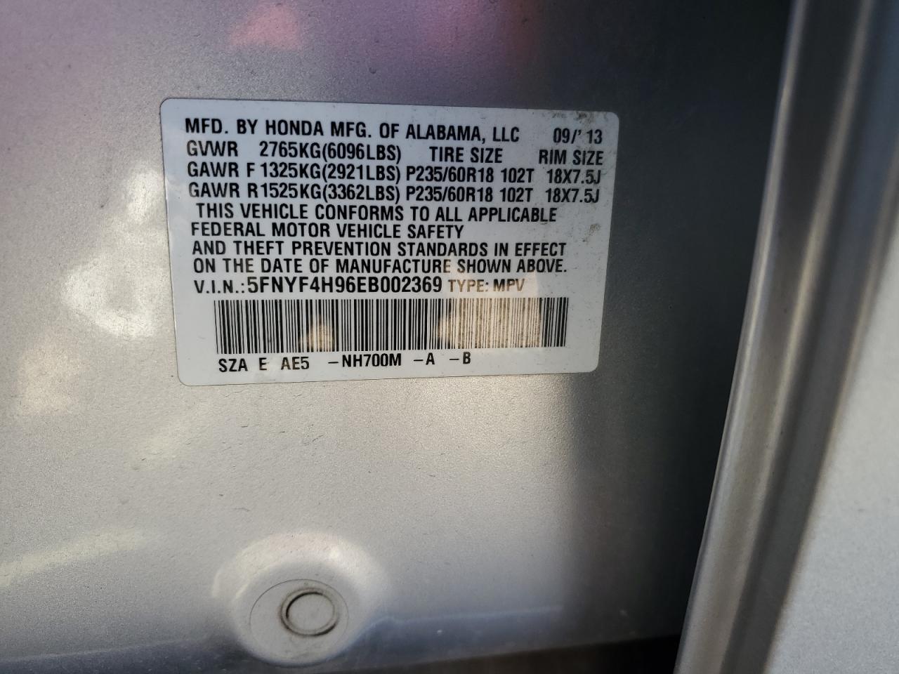 2014 Honda Pilot Touring VIN: 5FNYF4H96EB002369 Lot: 92675175