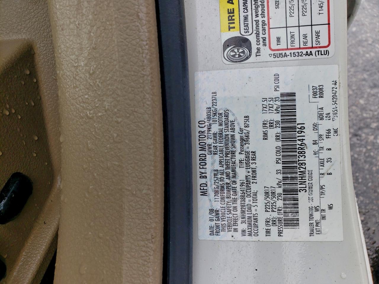 2008 Lincoln Mkz VIN: 3LNHM28T38R641961 Lot: 93891665