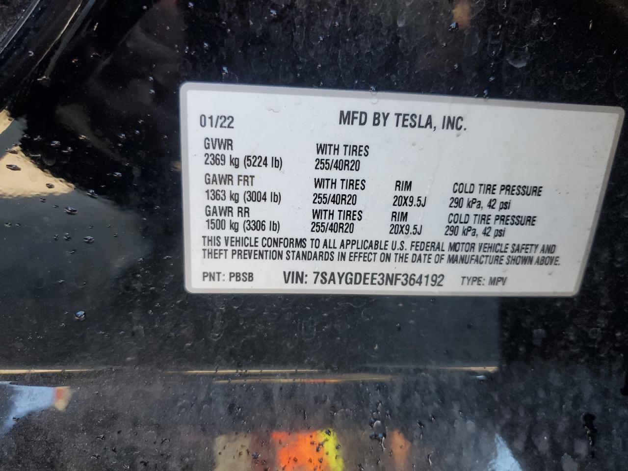 2022 Tesla Model Y VIN: 7SAYGDEE3NF364192 Lot: 91740235