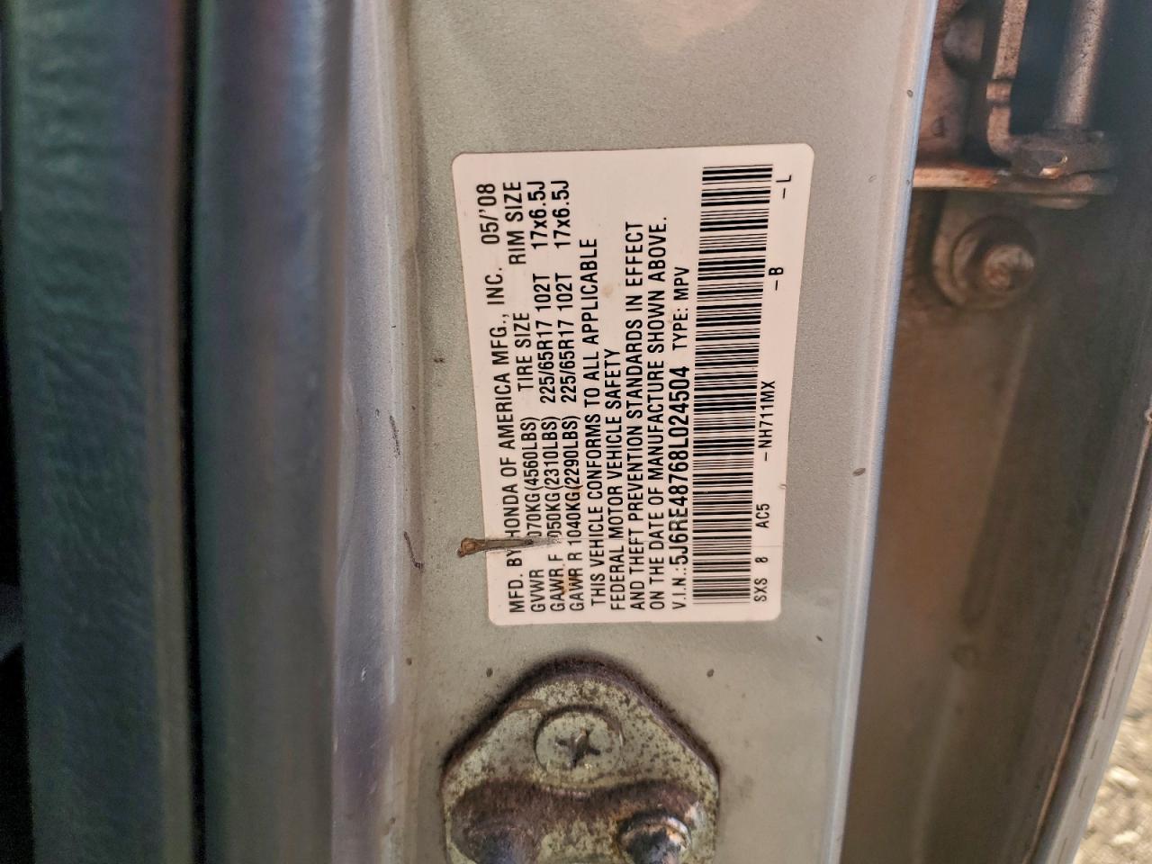 2008 Honda Cr-V Exl VIN: 5J6RE48768L024504 Lot: 93316795