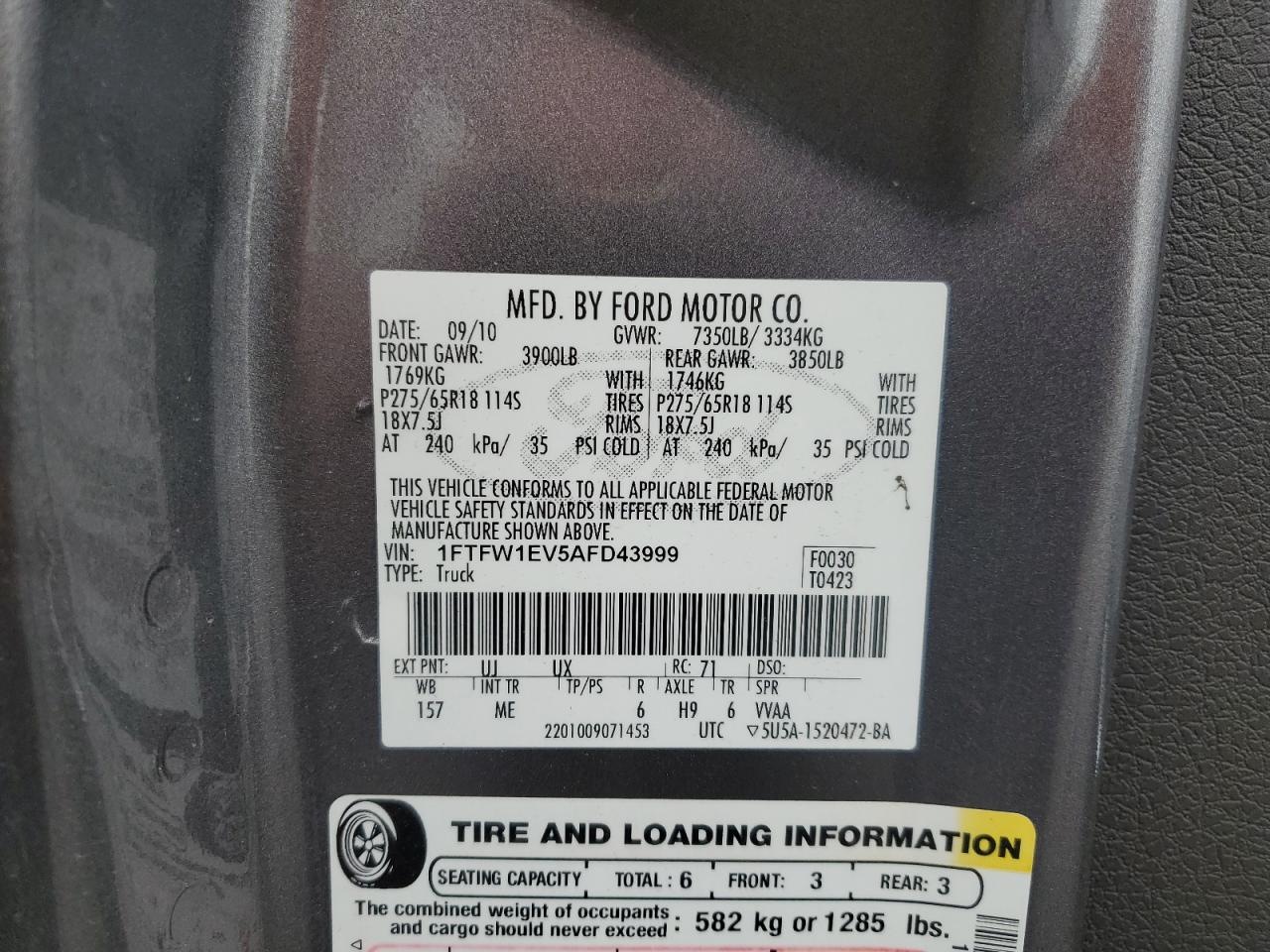 2010 Ford F150 Supercrew VIN: 1FTFW1EV5AFD43999 Lot: 93118015