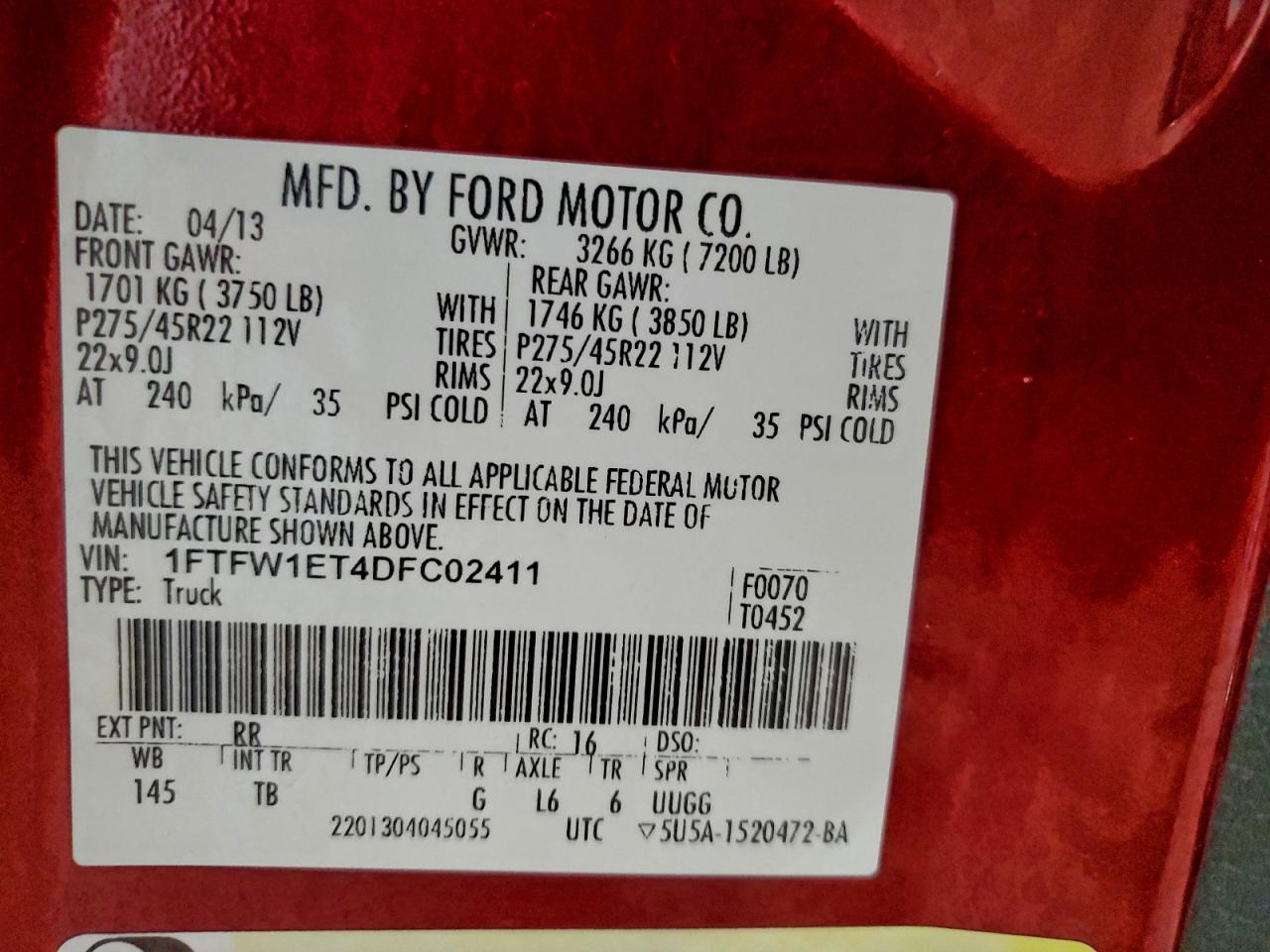 2013 Ford F150 Supercrew VIN: 1FTFW1ET4DFC02411 Lot: 94560665