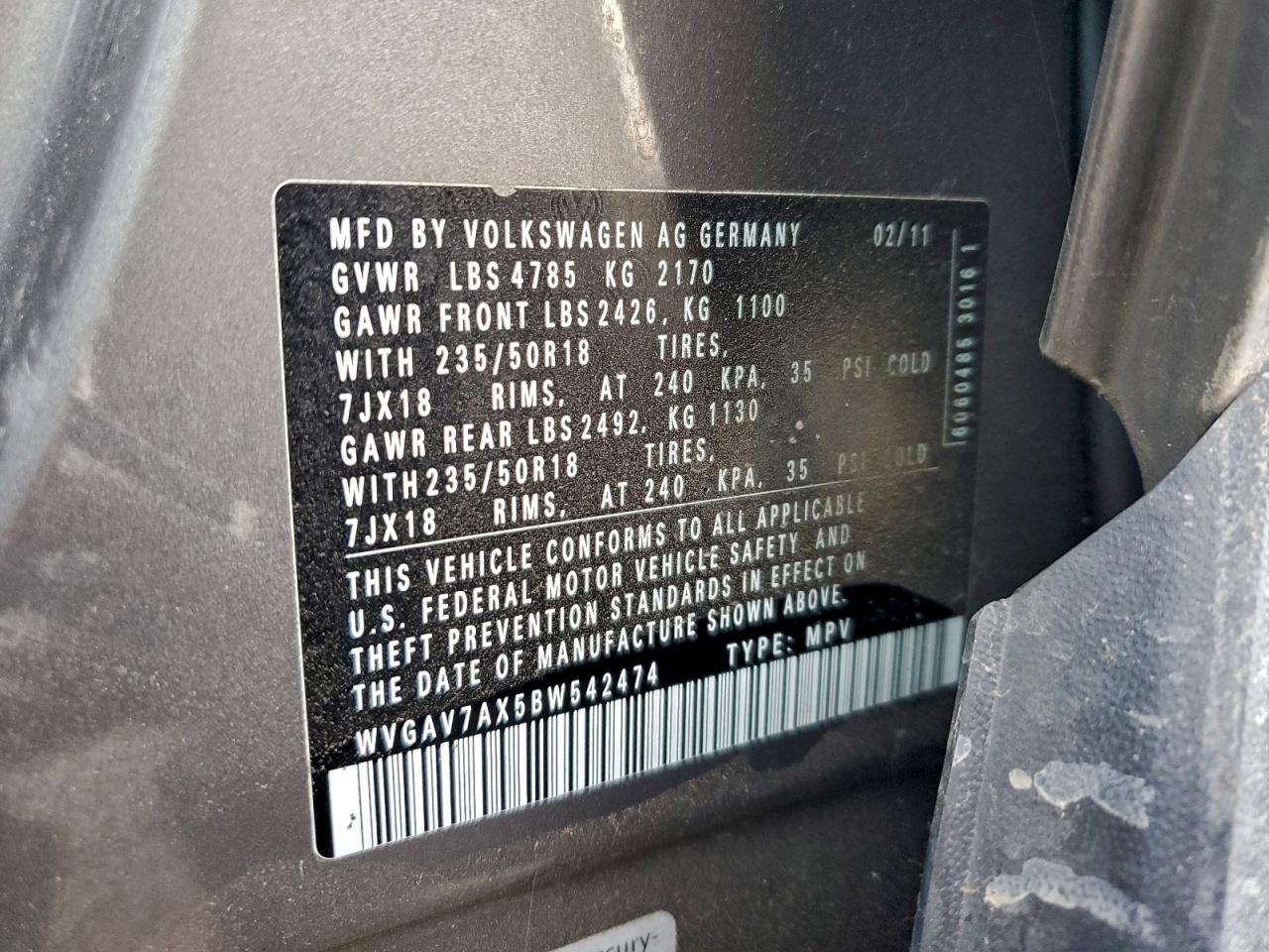 2011 Volkswagen Tiguan S VIN: WVGAV7AX5BW542474 Lot: 94315935