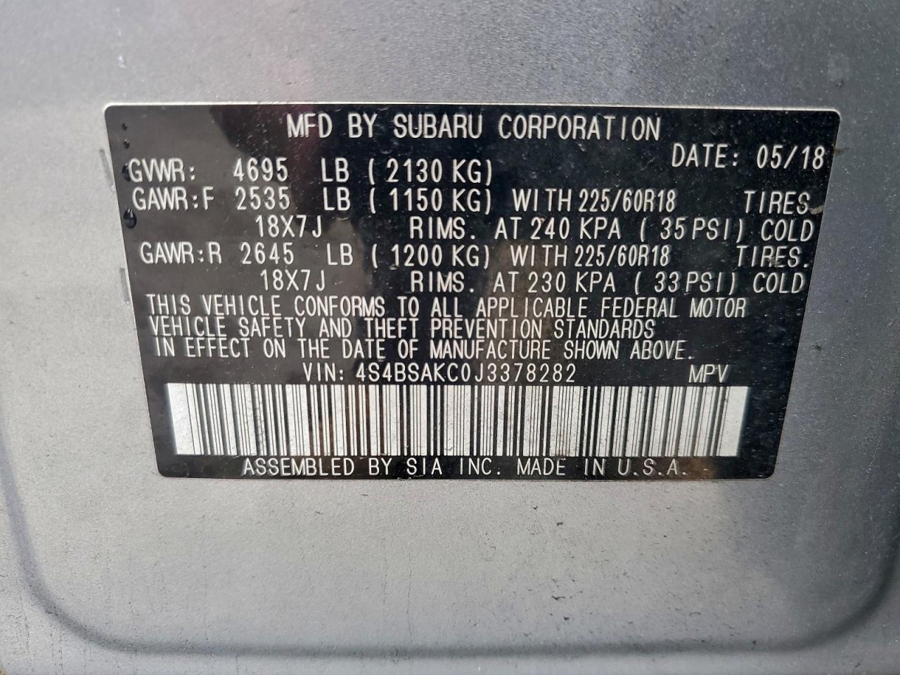 2018 Subaru Outback 2.5I Limited VIN: 4S4BSAKC0J3378282 Lot: 94054505