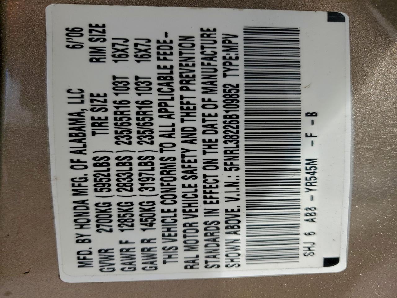 2006 Honda Odyssey Lx VIN: 5FNRL38226B109852 Lot: 94562795