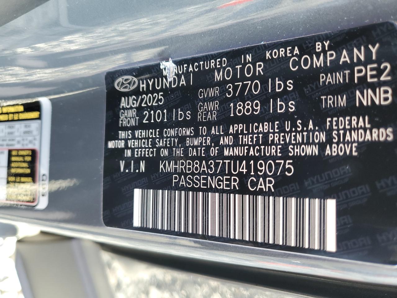 2026 Hyundai Venue Se VIN: KMHRB8A37TU419075 Lot: 93295515