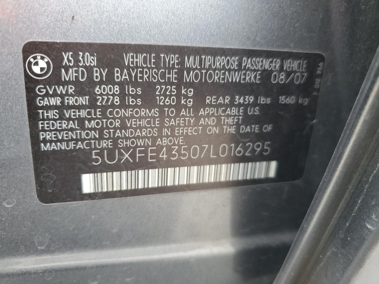 2007 BMW X5 3.0I VIN: 5UXFE43507L016295 Lot: 91944625